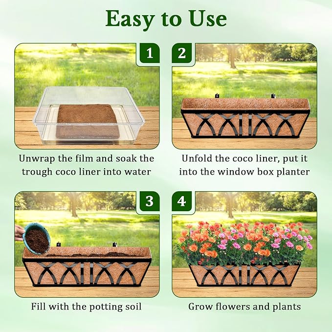 Halatool 4 Pack 30 Inch Coconut Liners for Window Box Pre-Formed Trough Coco Liner Natural Coconut Fiber Liners for Planters Wall Hanging Basket Flower Pot Fence Railing