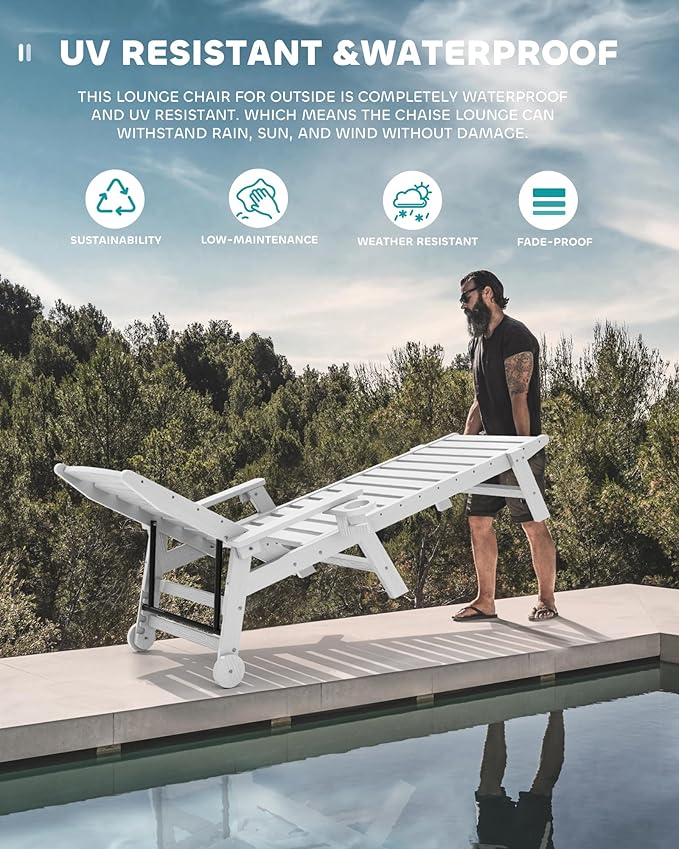 SERWALL Patio Chaise Lounge Chair, 78'' Long HDPE 5 Positions Adjustable Outdoor Lounger, Poly Lounge Chair with Rolling Wheels & Cup Holder for Pool, Space Gray
