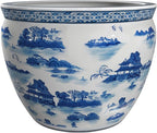 Red Lantern 12" Landscape Blue & White Porcelain Fishbowl Planter or Cachepot for Indoor/Outdoor Use in Garden Entryway Living Room Boho Eclectic Modern Contemporary Classic Traditional Style Decor