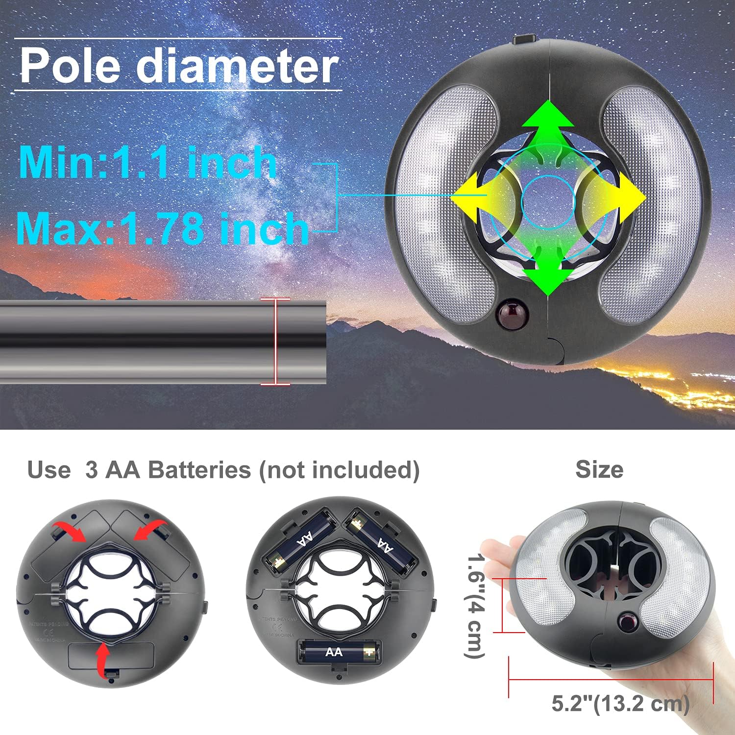HONWELL Patio Umbrella Light, 18 LEDs 3xAA Battery Operated Umbrella Pole Light with RF Remote 80Ft Through Wall, 4 Modes, 12 Color Changing Outdoor Camping Light with Hanging Ring for Umbrellas,Tent