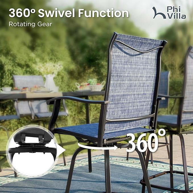 PHI VILLA Outdoor Swivel Bar Stools Set of 6, Bar Height Patio Chairs Furniture with All Weather Textilene Fabric, 30" High Top Bar Chairs for Porch, Blue