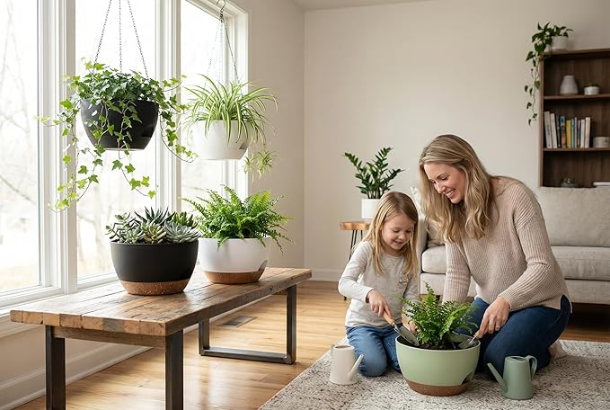 Hanging Planters 3-Pack, 8 Inch Self-Watering Hanging Pots with Drainage Hole and Chains, Plastic Planters for Indoor Outdoor（Black Brown）
