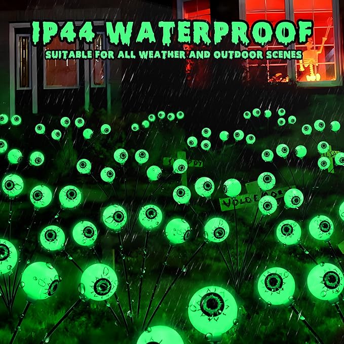 BrizLabs 4 Pack 24 LED Halloween Solar Lights, 2 Modes Outdoor Halloween Eyeball Pathway Lights, Solar Spooky Walkway Light Waterproof, Green Swaying Firefly Lighting for Path Yard Garden Lawn