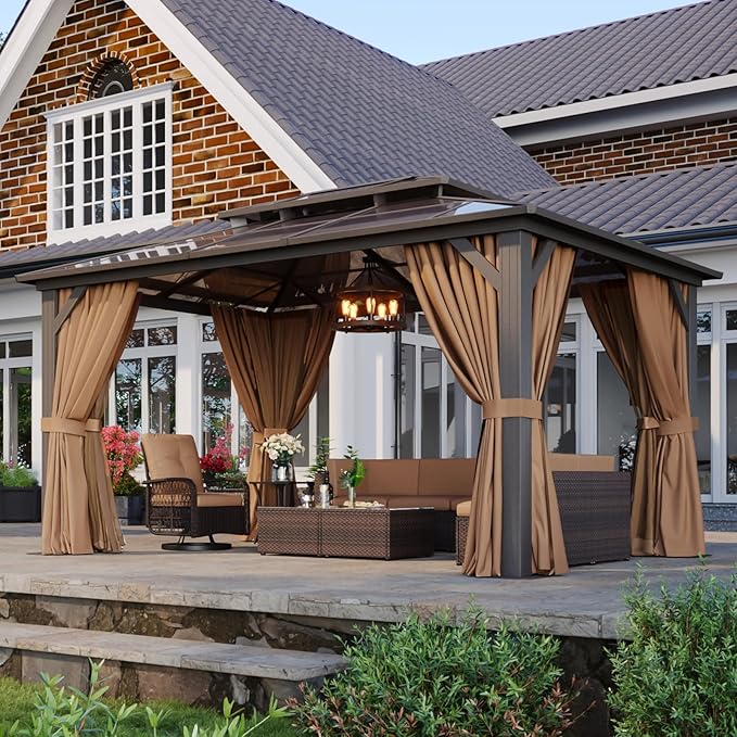 Aoxun 10'x14' Hardtop Gazebo, Aluminum Frame Permanent Pavilion with Curtains and Netting, Outdoor Polycarbonate Double Roof Canopy, for Patio, Garden, Lawn, Brown