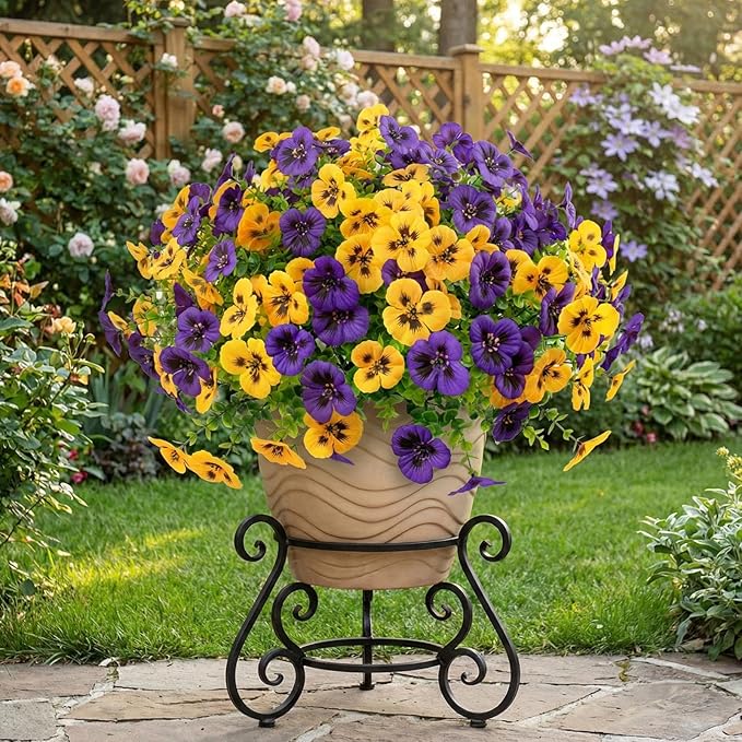 18 Pcs Artificial Fake Pansy Flowers for Outdoor, Faux UV Resistant Silk Pansies Flowers for Outside Planter Front Door Porch Yard Patio Window Box Home Decor (18, Yellow,Purple)