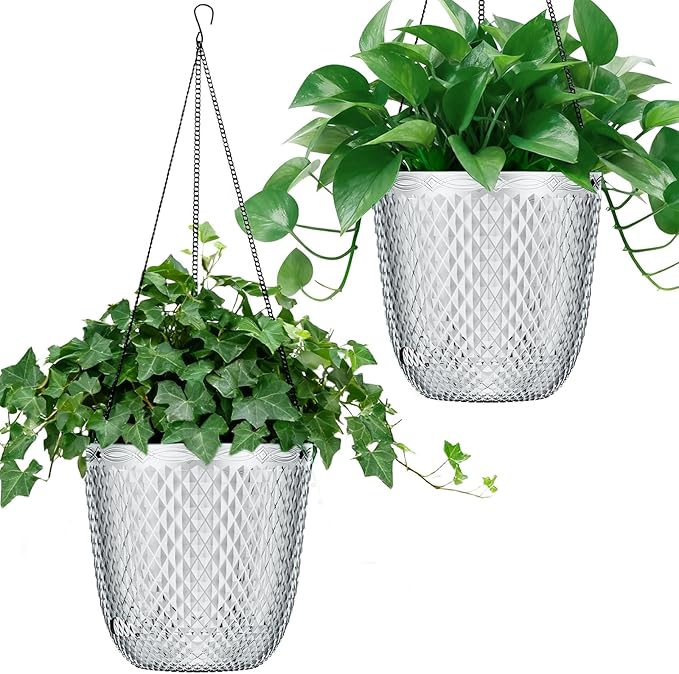 QCQHDU Self Watering Hanging Pots, 2 Pack 5.7 Inch Hanging Planters for Plants Indoor, Outdoor Flower Pots with Drainage Holes and 3 Hooks Chains for Garden Home (Clear)
