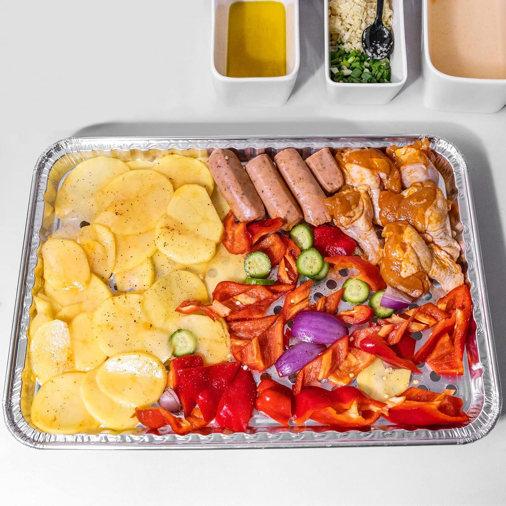 15 Pack Disposable Aluminum Foil Grill Topper Pans, Grill Grate Liners, BBQ Grill Accessories for Outdoor Cooking and Camping - Prevents Food from Falling into Grill or Sticking to Grate