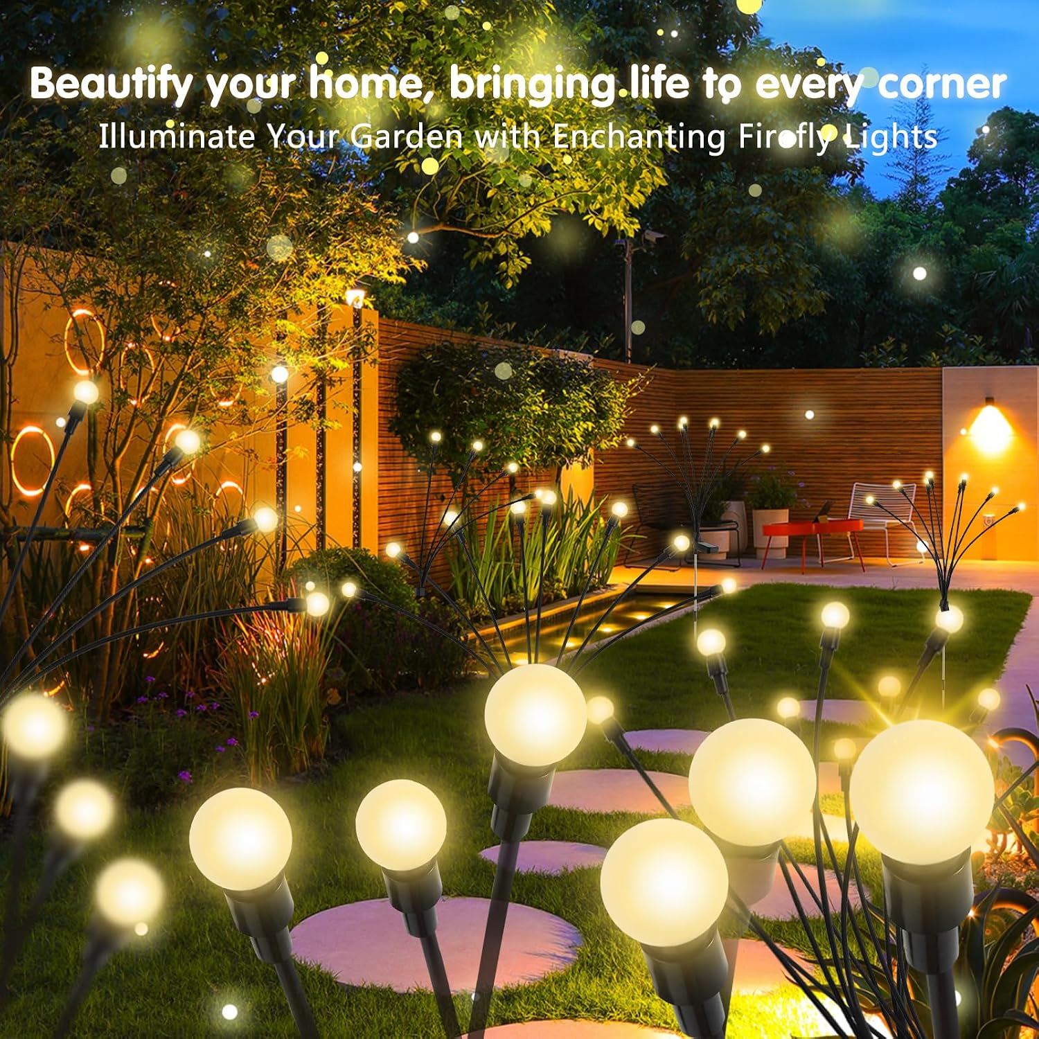 4 Pack Solar Firefly Lights Outdoor, 8 Mode Adjustable Height Swaying, IP65 | Firefly solar lights, solar garden lights, IP65 waterproof, auto dusk-to-dawn, zero-wire, pathway garden landscape