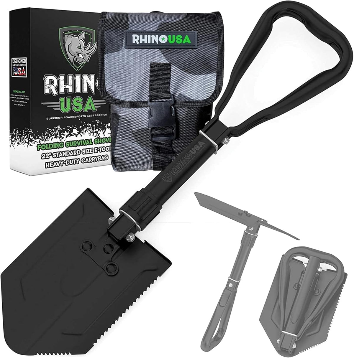 rhino usa folding survival shovel with pick, main product view