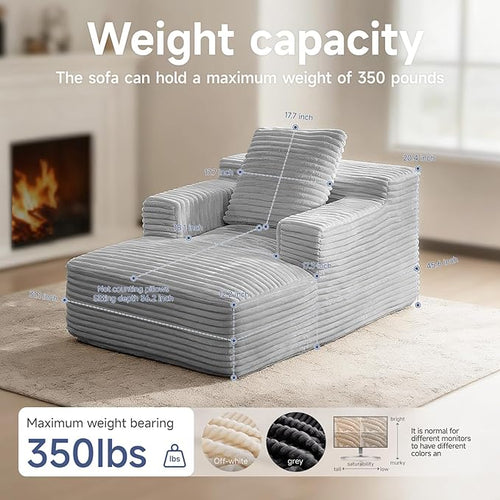 45'' Chaise Lounge Chair Indoor, Corduroy Upholstered Boneless Sofa Bed, Deep Seat Sleeper Couch Reading Chairs, Small Comfy Cloud Sofas Couches for Living Room, Bedroom, Movie Room (LightGray)