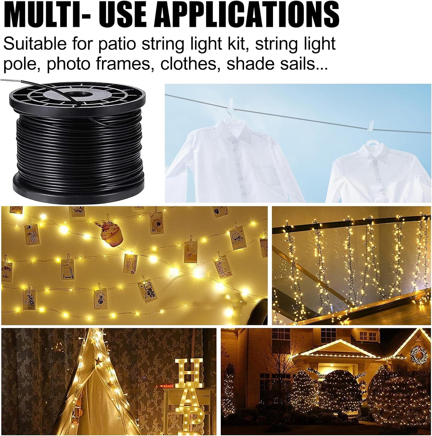 String Light Hanging Kits, 450FT Coated Stainless Steel 304 Wire Rope, Outdoor Black Guy Wire kit w/Expansion Hook, Enough Accessories, Humanized Collocation