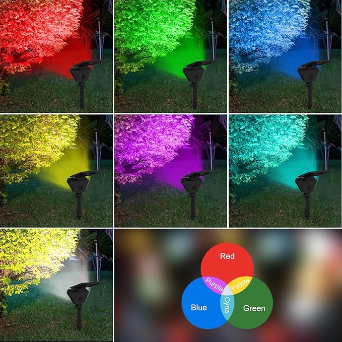T-SUN Solar Lights Outdoor Waterproof IP65, 6Pack LED Solar Spot Lights Color Changing IP65 Waterproof Smart Auto On/Off for Outside Landscape Garden Yard Lawn Pathway Patio Driveway