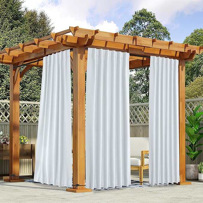 NICETOWN Blackout Outdoor Curtains for Patio Windproof 2 Panels Top & Bottom Pocket & Back Tab, Thermal Fixed Waterproof Safe Drapes Keep Privacy for Yard/Porch, Greyish White, W52 x L95