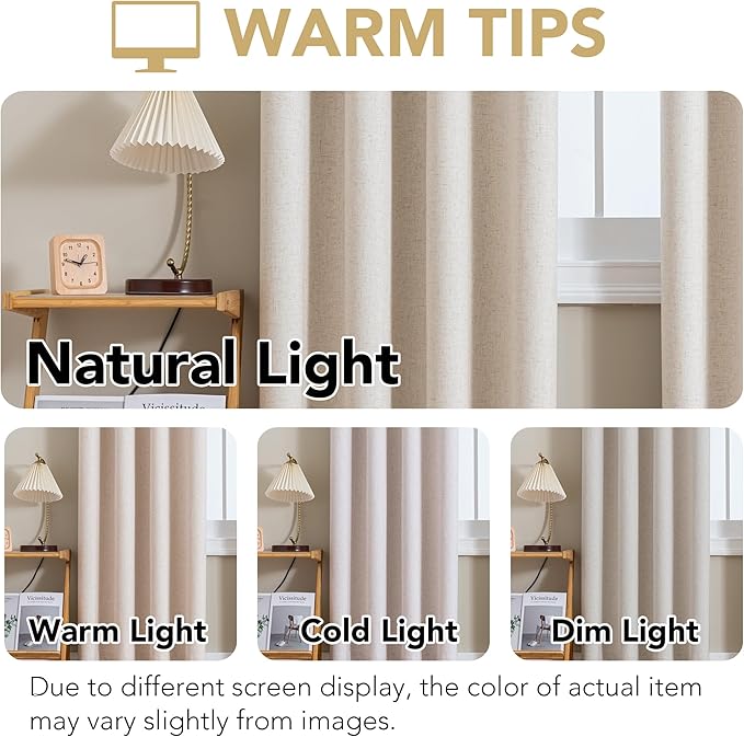 H.VERSAILTEX Linen Curtains 100% Blackout Curtains for Bedroom 102 inch Long Full Light Blocking Nature Linen Blended Window Curtains for Living Room Nickel Grommet (2 Panels, Heathered Natural)
