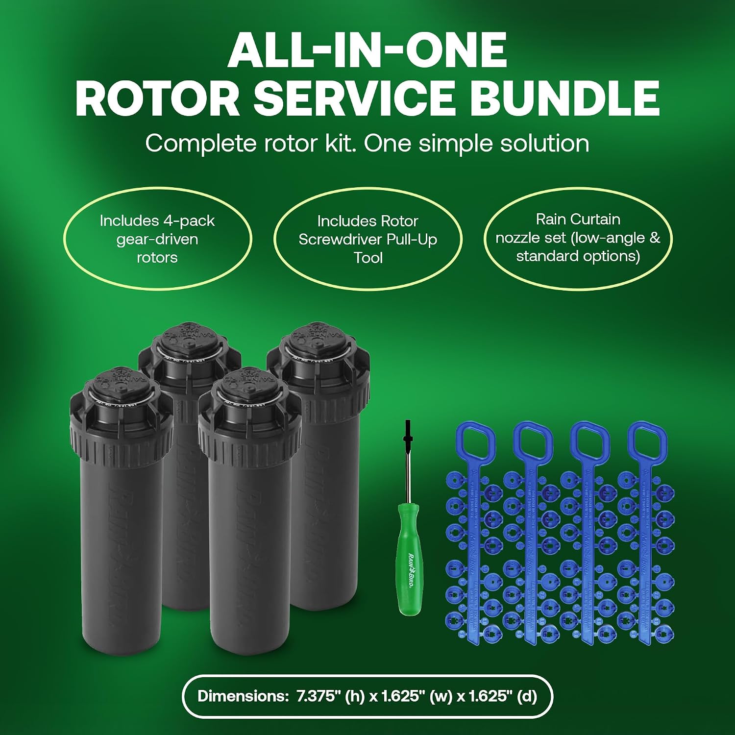 Rain Bird 5000 Rotor with Nozzle Tree 4 Pack + Rotor Screwdriver Tool | (5000RCTREE) + (CPRTOOL) 3/4 inch Inlet for Water Efficient 4 inch Pop Up, Adjustable 40 - 360 Degree Arc & 25 - 50 ft Radius