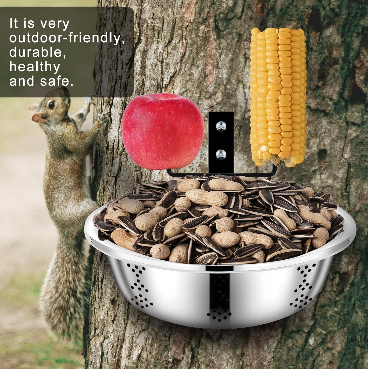 Metal Squirrel Feeders for Outside, Durable Bowl Tree Mounted of Chipmunk Feeder, Squirrel Food for Backyard Squirrels Hold Corn, Corn Cob, Peanuts (8.5 Inch - 2 Stand 2 Bowl)
