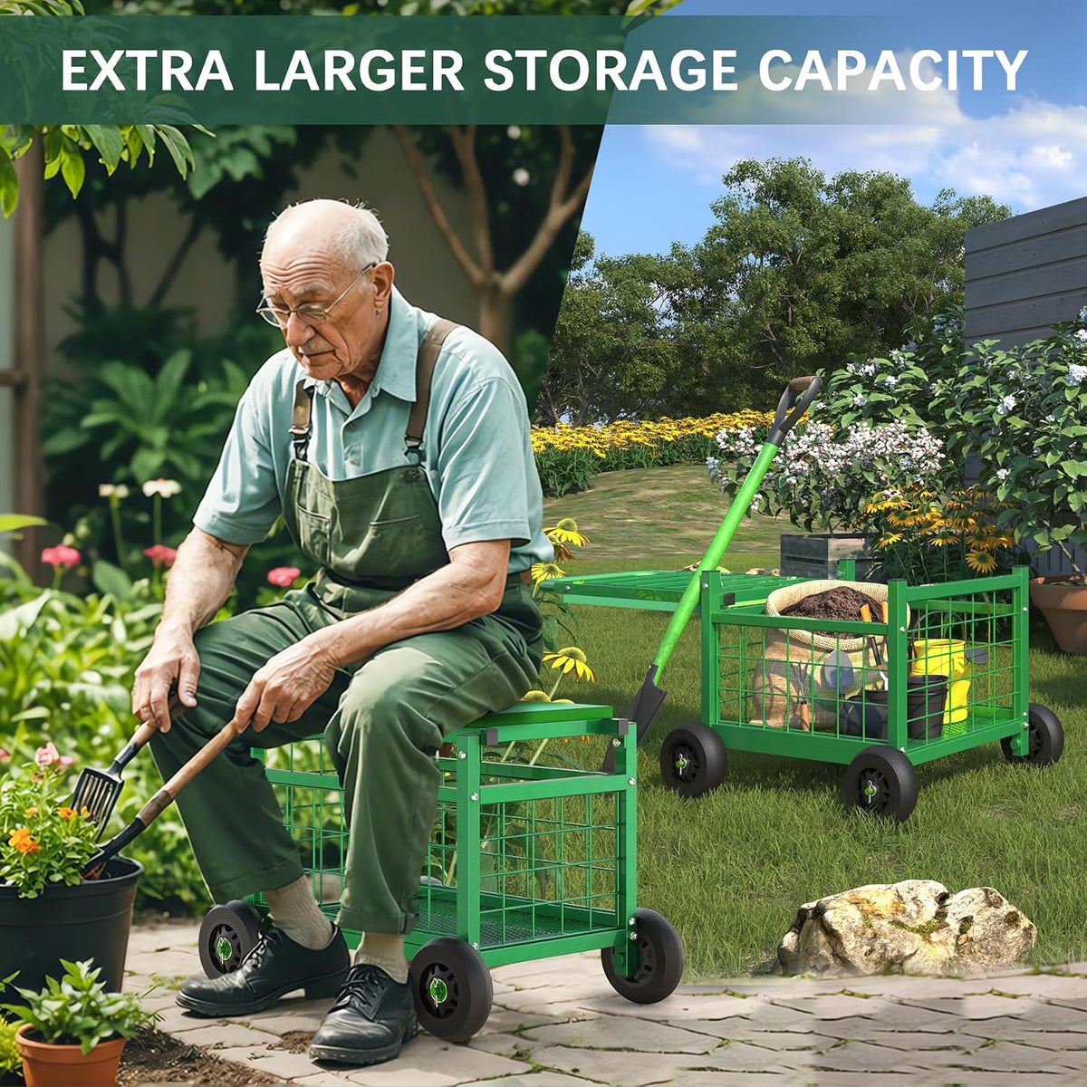 garden cart with seat,3-in-1 rolling seat with wheels, side view