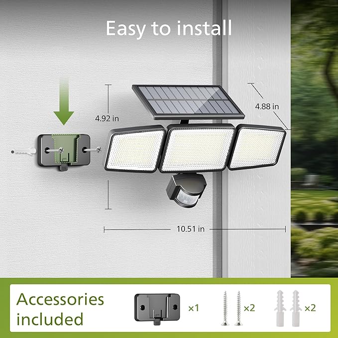 Philips Solar Security Light Outdoor 302 LED 1200lm，Solar-Powered Waterproof Wall-Mounted Flood Light w/PIR Motion Sensor, 3 Heads, IP65 Waterproof, 3 Modes (2 Packs)