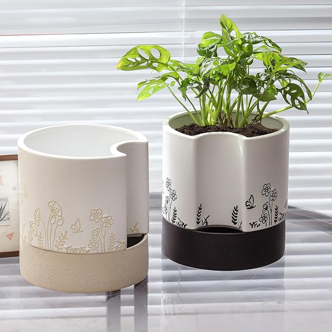 Nihow Self Watering Plant Pot: 8 Inch Ceramic Planter with Drainage Hole & Water Storage Plus for Indoor & Outdoor Plants - Cylinder Round Flower Pot for Succulent/Herbs/Violets - Nature & White