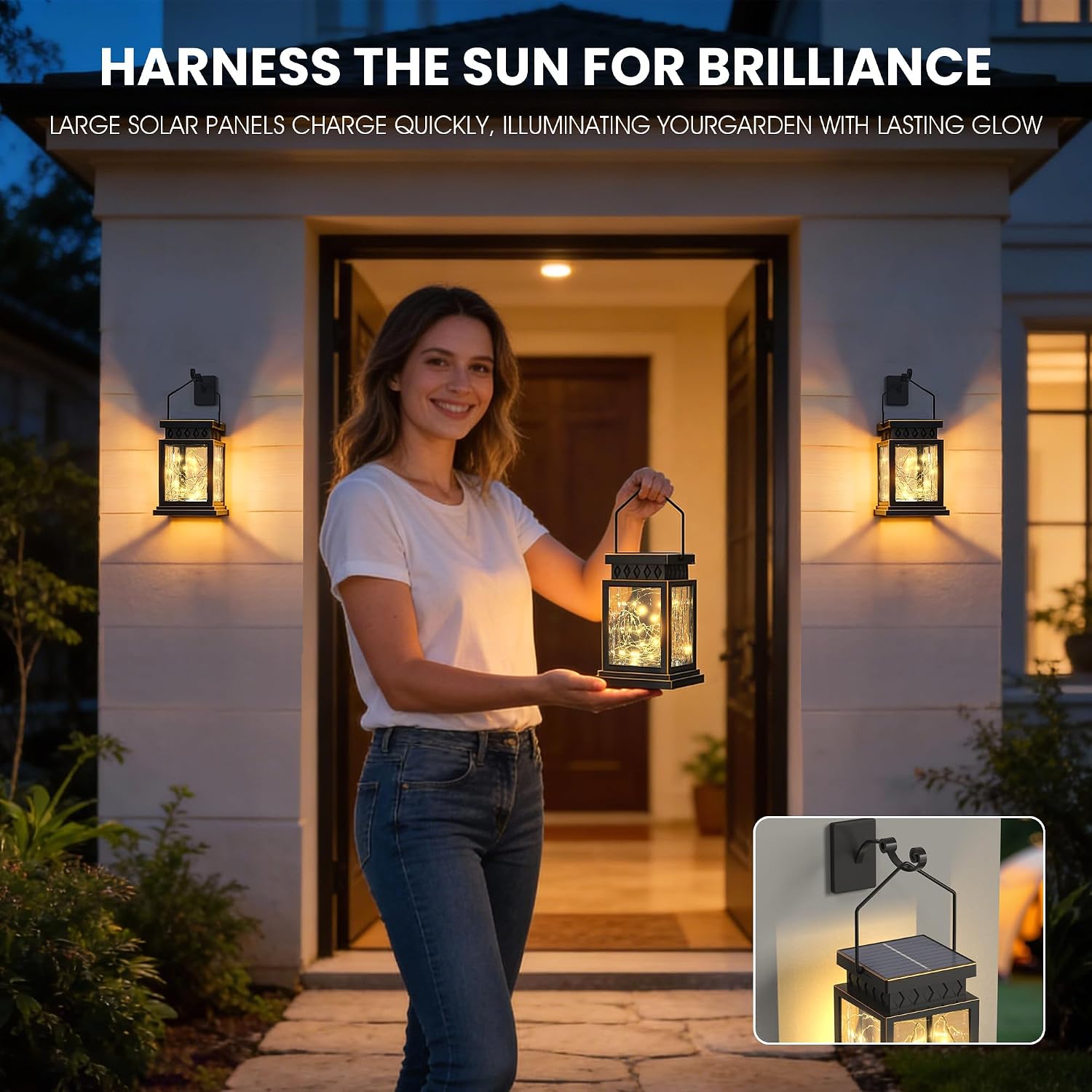 2 Pack Farmhouse Solar Lanterns , Water Ripple Glass & Copper Wire Flickering Light,Outdoor Waterproof Upgraded Solar and 2 AA Batteries Powered, for Outside Porch, Patio and Indoor Tables.