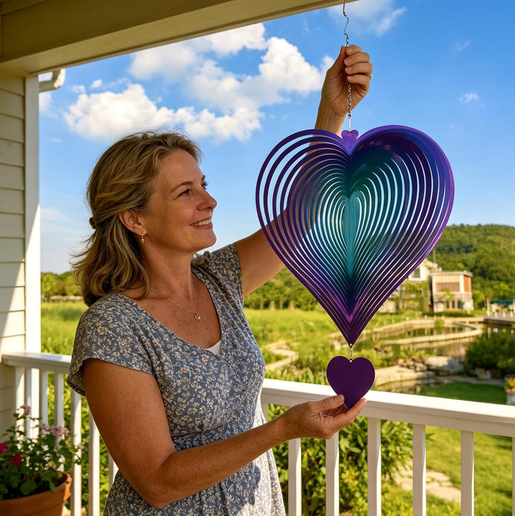 DJUAN 15in Large Heart Wind Spinner Garden Decor,Gifts for Women,Mom and Grandma,Mother's Day,Birthdays, Purple-Green Stainless Steel Hanging Yard Art Outdoor & Indoor Decorations