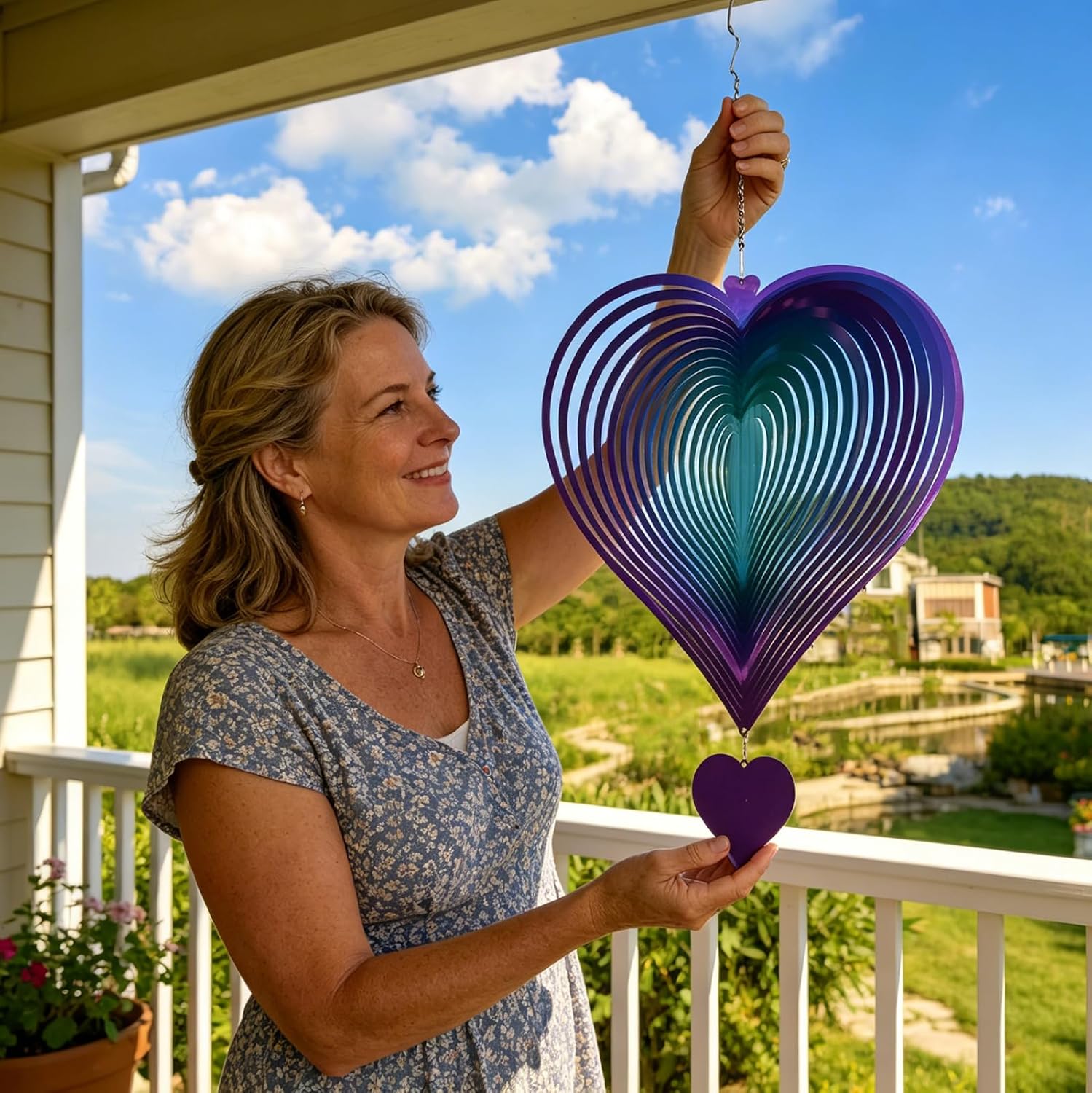 DJUAN 15in Large Heart Wind Spinner Garden Decor,Gifts for Women,Mom and Grandma,Mother's Day,Birthdays, Purple-Green Stainless Steel Hanging Yard Art Outdoor & Indoor Decorations