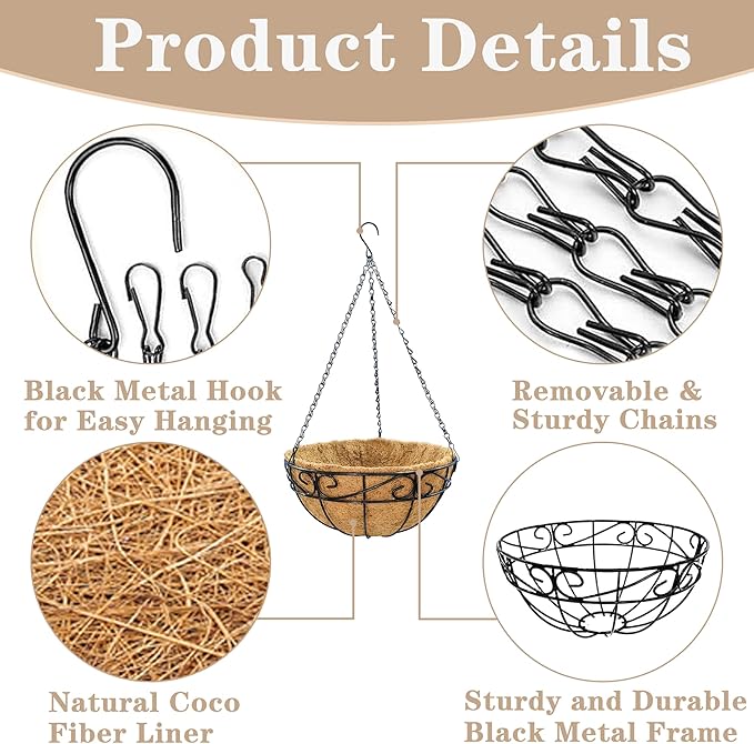 Outdoor Metal Hanging Planters Basket (4pack, 12 inch) Hanging Baskets for Plants Chain Round Wire Plant Holder with Coco Fiber Liners for Garden, Patio, Deck, Porch(Flower Border)