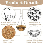 Outdoor Metal Hanging Planters Basket (4pack, 10 inch) Hanging Baskets for Plants Chain Round Wire Plant Holder with Coco Fiber Liners for Garden, Patio, Deck, Porch(Flower Border)
