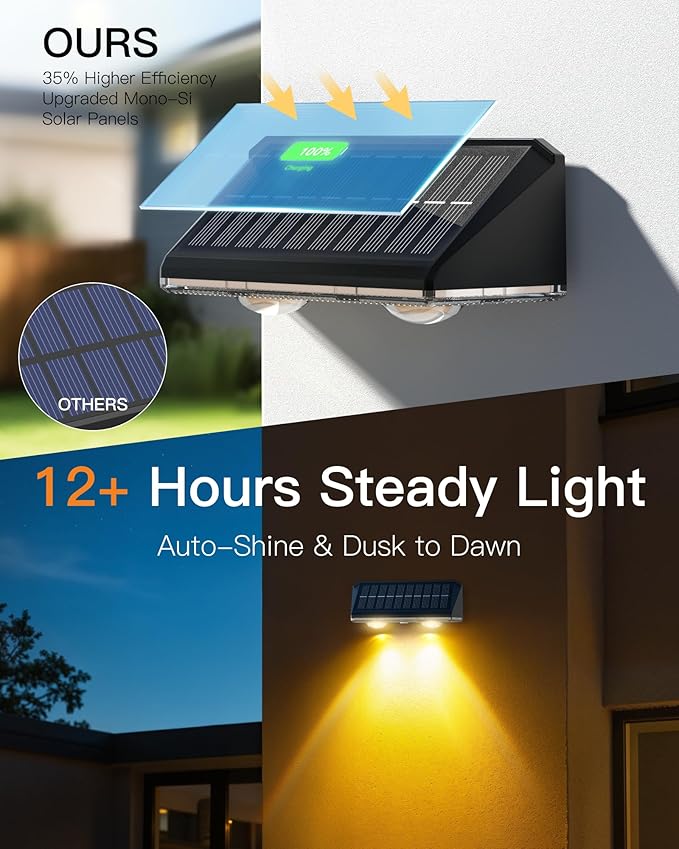 Solar Fence Lights Outdoor, 6 Pack IP65 Waterproof Fence Lights Solar Powered with Ultra-Bright LED Lens, 9 Color Modes, 12+ Hours Steady Glow for Deck/Backyard/Patio/Pool/Wall - Black