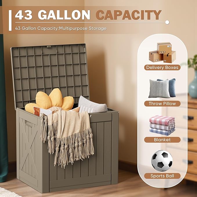Patiowell 43 Gallon Resin Deck Box, Outdoor Storage Box for Patio Furniture, Deliveries, Pool Supplies,Waterproof and Lockable (Light-Brown)