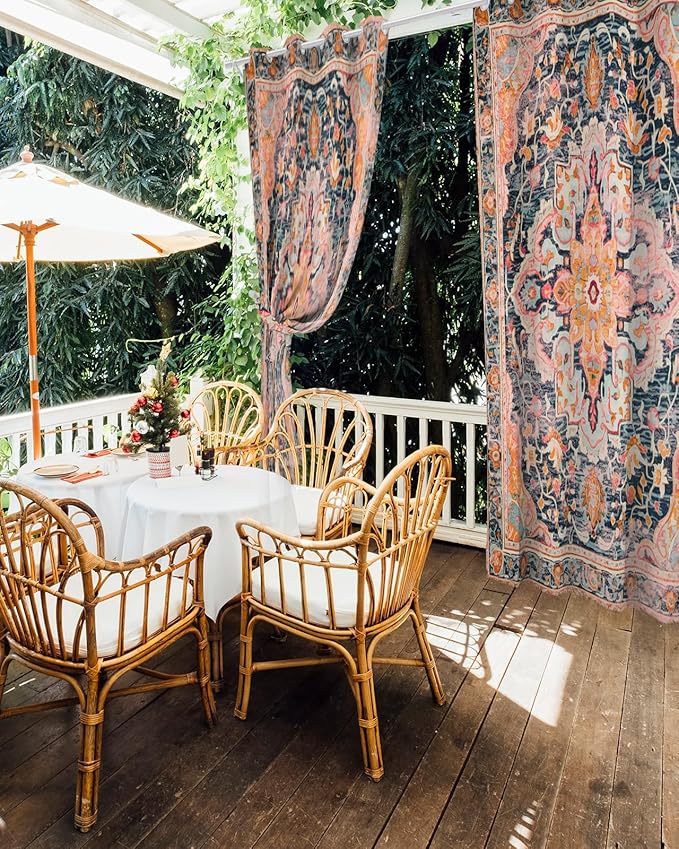 Rustic Boho Outdoor Curtains for Patio Waterproof, Grommet Privacy Curtain Drapes Weatherproof Outside Curtains for Porch GazeboPergola Cabana 2 Panel 54x95inch Ethnic Turkish Floral Geometric