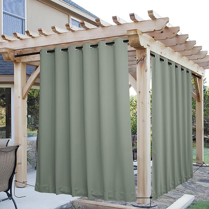NICETOWN 2 Panels Outdoor Curtains for Patio Extra Wide 84", Waterproof & Windproof Grommet & Back Tab Fixed Top and Bottom Thermal Insulated Drapes with Rope for Gazebo, Sage Green, W84 x L95