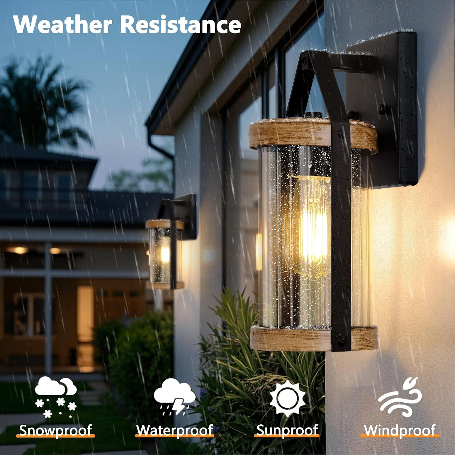 2-Pack Outdoor Light Fixtures, Waterproof Modern Exterior Wall Lantern Porch Lights, Black Wall Sconce with Clear Ribbed Glass, Outside Light with Wood Texture for House, Bulbs Not Included