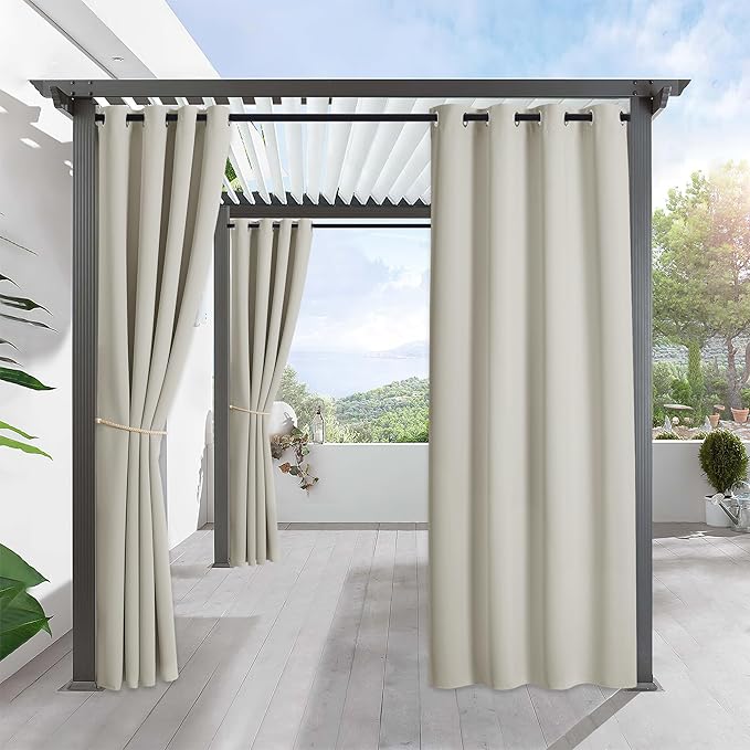 RYB HOME Outdoor Curtains for Patio Waterproof Block Sunlight Thermal Insulated Privacy Assured Thick Outside Curtains for Pergola, Deck, Gazebo, W52 x L90, Natural, 1 Panel