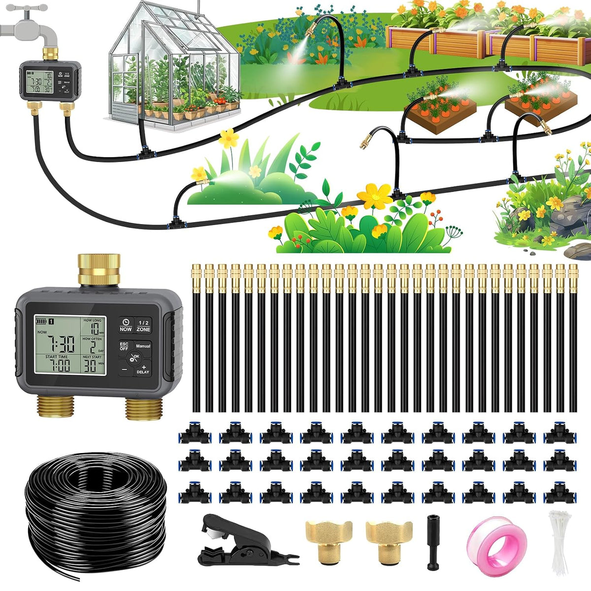 120ft drip irrigation system with smart water timer, main product view