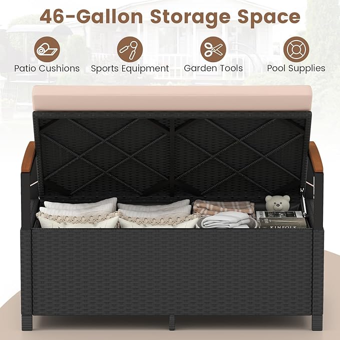 Tangkula 46 Gallon Outdoor Bench with Storage, Outdoor PE Rattan Storage Bench with Cushion, Backrest & Acacia Wood Armrests, Metal Frame, Waterproof Deck Box Seat for Porch Backyard Poolside