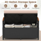 Tangkula 46 Gallon Outdoor Bench with Storage, Outdoor PE Rattan Storage Bench with Cushion, Backrest & Acacia Wood Armrests, Metal Frame, Waterproof Deck Box Seat for Porch Backyard Poolside