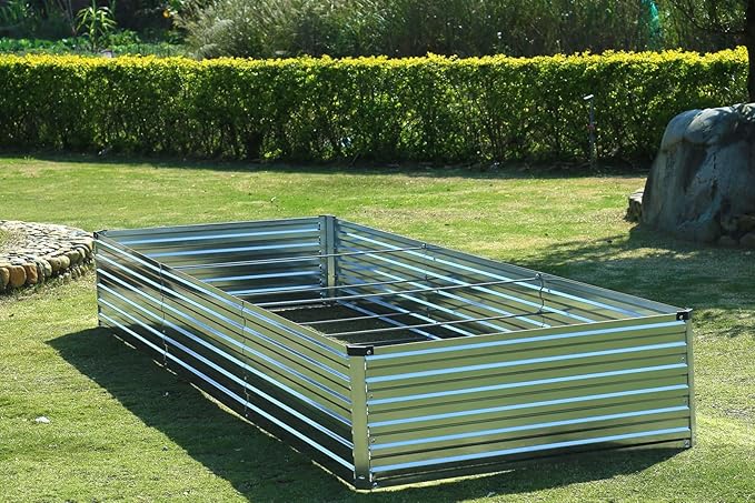 2 Pack 12x2x1FT Galvanized Raised Garden Bed Kit, Outdoor Metal Planter Box for Vegetables, Bottomless Rectangular Gardening Bed with Support Rods, Tool-Free Assembly, Silver