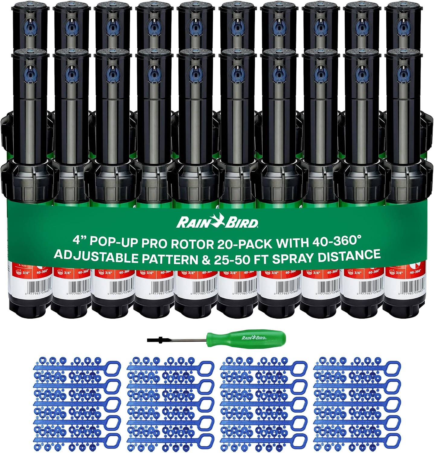 Rain Bird 5000 Rotor with Nozzle Tree 20 Pack + Rotor Screwdriver Tool | 5000RCTREE) + (CPRTOOL) 3/4 inch Inlet for Water Efficient 4 inch Pop Up, Adjustable 40 - 360 Degree Arc & 25 - 50 ft Radius