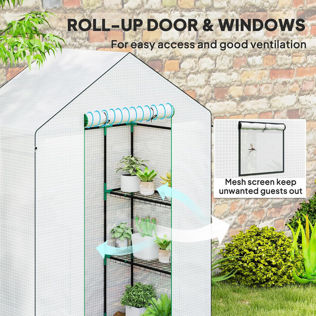 outsunny walk-in greenhouse with 3 tier 4 shelves showing dimensions
