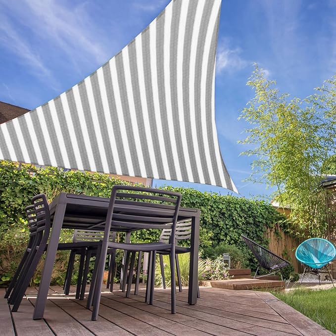 E&K Sunrise 24' x 24' x 24' Sun Shade Sail Triangle Canopy Shade Cover UV Block for Patio Backyard Garden Outdoor (Gray White Strip)