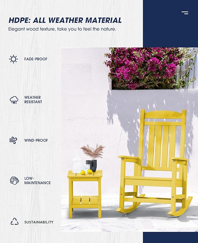 KINGYES HDPE Rocking Chairs Outdoor, Patio Rocking Chairs with 330lbs Support, Smooth Porch Rocker for Deck Lawn Yard, Yellow