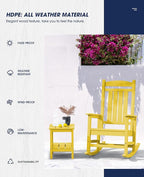 KINGYES HDPE Rocking Chairs Outdoor, Patio Rocking Chairs with 330lbs Support, Smooth Porch Rocker for Deck Lawn Yard, Yellow