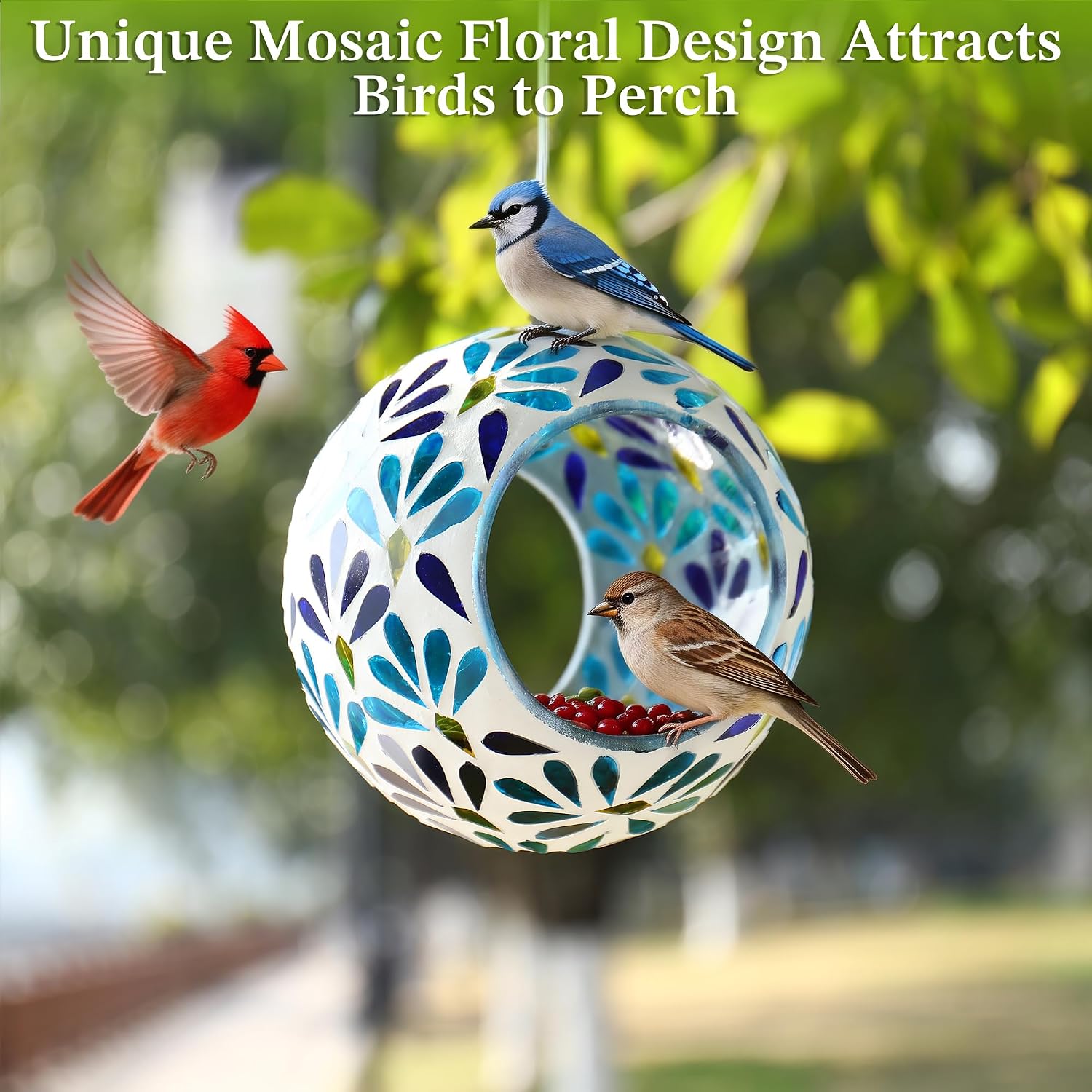 VOREEN Mosaic Glass Bird Feeder, Handcrafted Hanging Fly-Through Feeder for Outdoor Garden & Backyard, Decorative Wild Bird Feeder with Steel Wire Cable – Cool Blue Leaf Mosaic Style