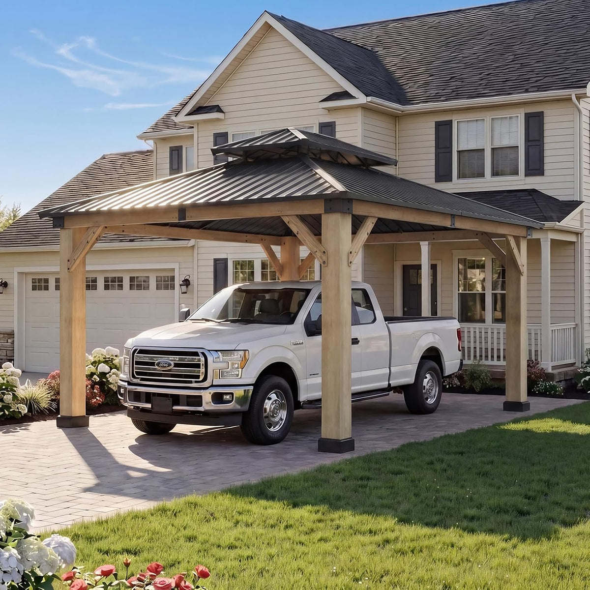 aoxun 12x14 ft heavy duty cedar wood carport, main product view