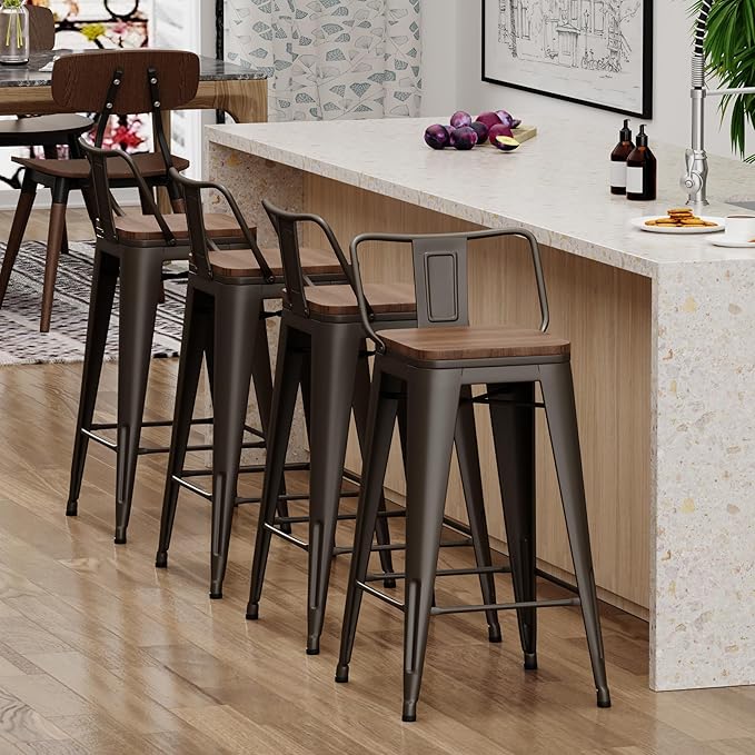 Yongchuang 24 inch Bar Stools Set of 4 Metal Counter Height Bar Stools with Wood Seat Kitchen Low Back Barstools Gunmetal