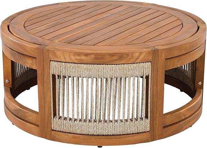 Merax 4-Piece Patio Premium Acacia Wood Outdoor Furniture Set,All Weather Curved Tub Design with Woven Rope Accents Loveseat Chairs and Table for Backyard, Balcony and Deck,Teak+ Beige