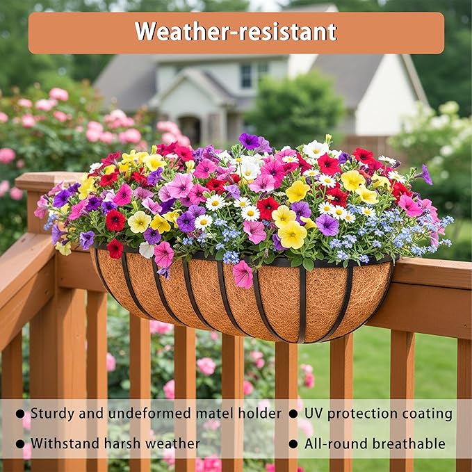 16'' Window Box Railing Planter with Coco Liner,2 Pack Horse Trough Planters Black Metal Hanging Flower Planters Basket for Porch Fence Patio Indoor Outdoor Lawn