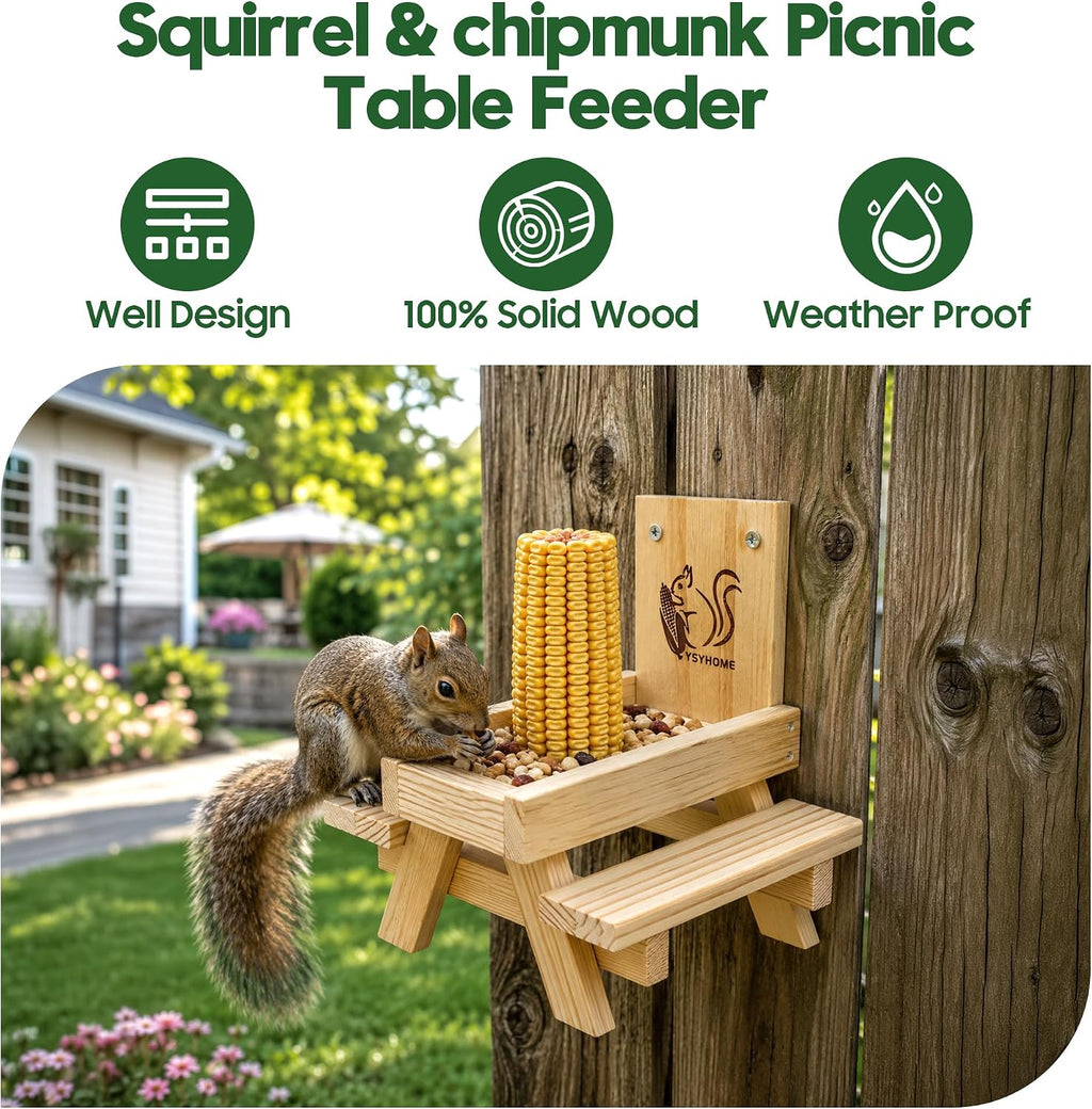 Squirrel Feeder for Outside and Garden, Funny Squirrel Picnic Table Feeder with Corn Cobs Holder and Peanut Tray, Quick Assembly Required