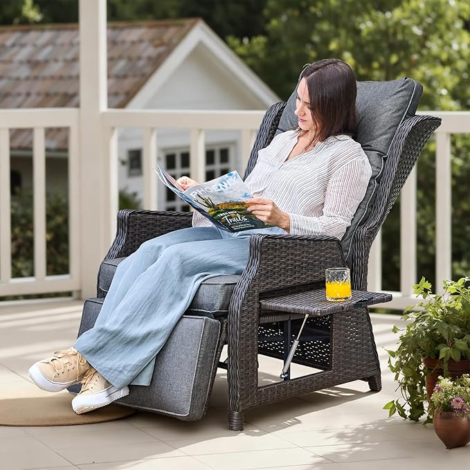 Outdoor Indoor Wicker Recliner with Adjustable Back and Footrest, Patio Reclining Chair with Flip-up Table, Outdoor Rattan Lounge Chair, Grey